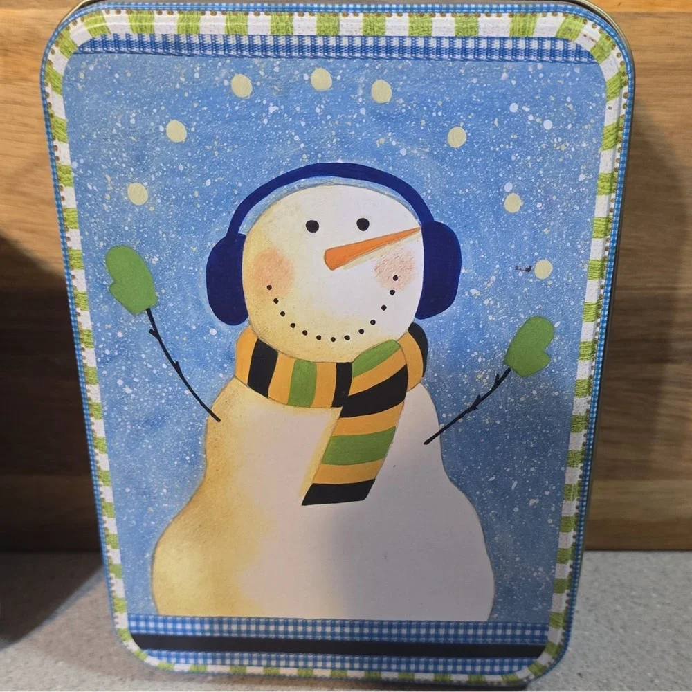 Set of 4 Christmas Snowman Tin Boxes, Rectangle, Square, Bell, Lids Included,